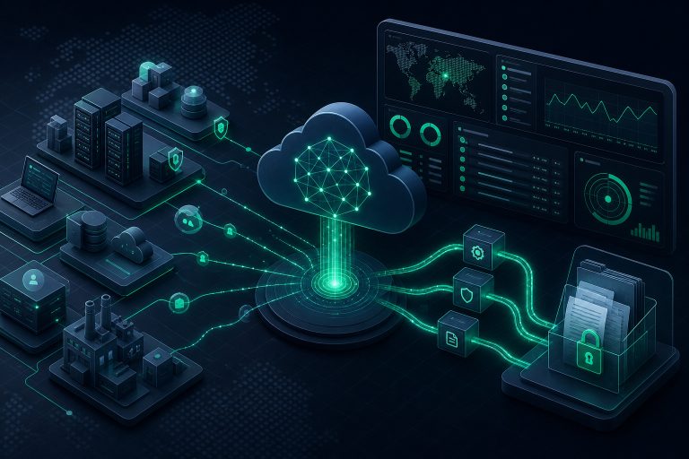 تصویر مفهومی مقالهٔ راهنمای عملی استفاده از Wazuh Cloud برای مدیریت داراییهای سایبری، سختسازی، لاگگیری و شواهد فنی در عملیات امنیتی