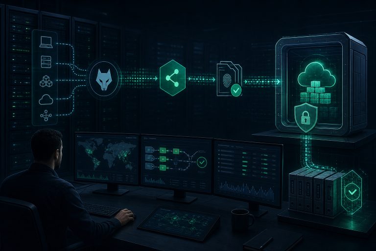 تصویر مفهومی مقالهٔ راهنمای عملی آرشیو جرمشناسی امن با Wazuh و Shuffle برای مدیران امنیت و تیمهای DevSecOps